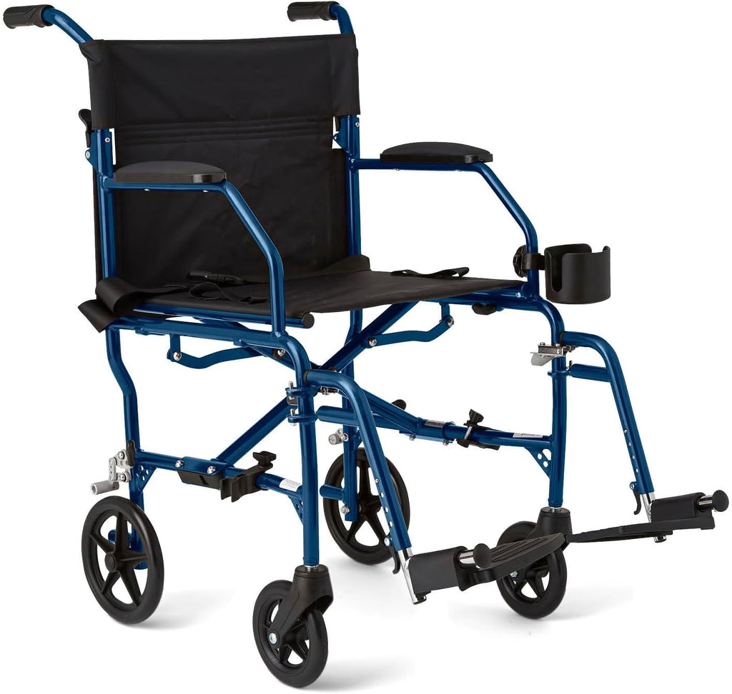 Medline Ultra Lightweight Transport Wheelchair for Adults and Elderly, Foldable, 19-Inch Seat Width, Blue Frame, Black Upholstery, 300 lb Capacity