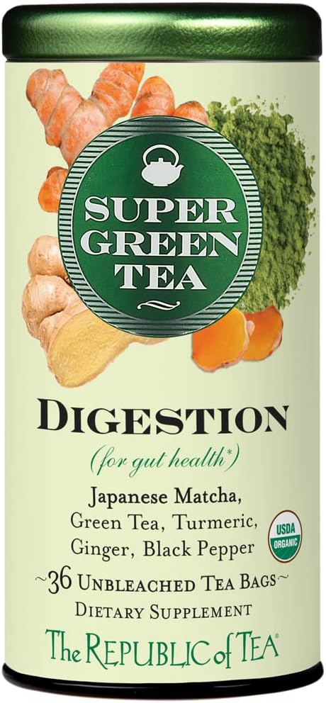 The Republic of Tea - Organic Digestion SuperGreen Tea Tin, 36 Tea Bags, Naturally Caffeinated Japanese Matcha and Green Tea