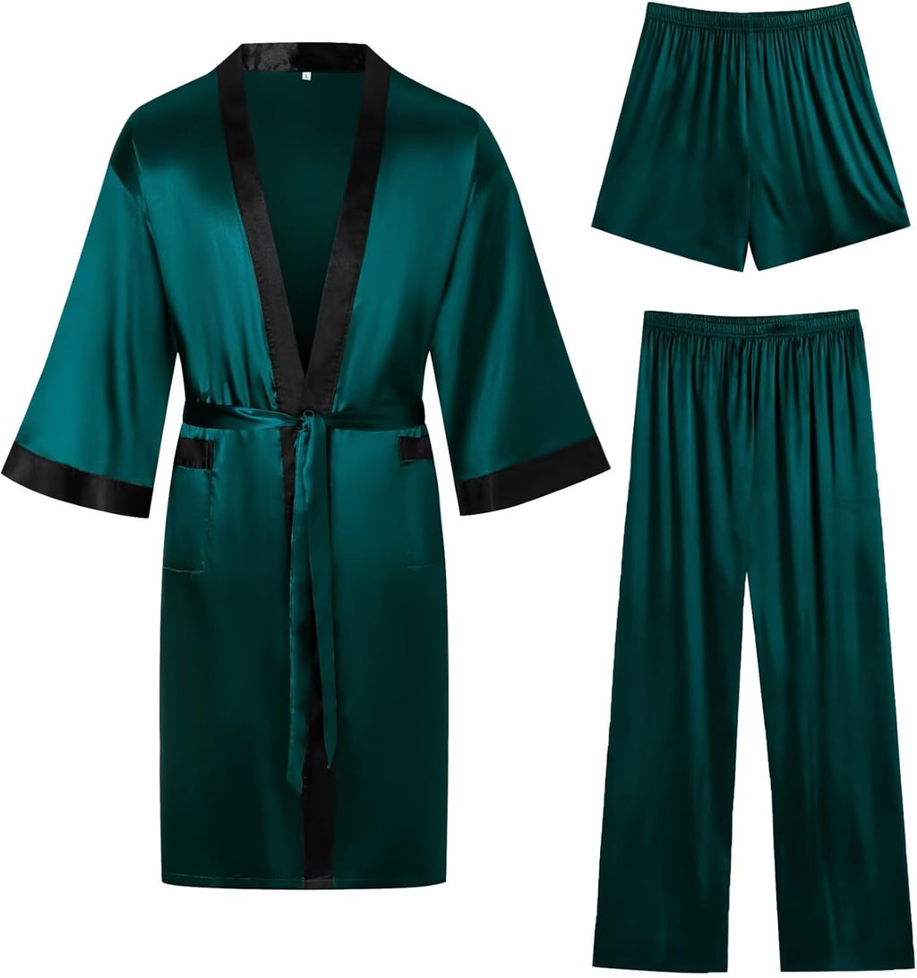 SWOMOG 3Pcs Men's Satin Robe Silk Satin Kimono Bathrobe with Shorts&Pants Set Soft Lightweight Nightwear