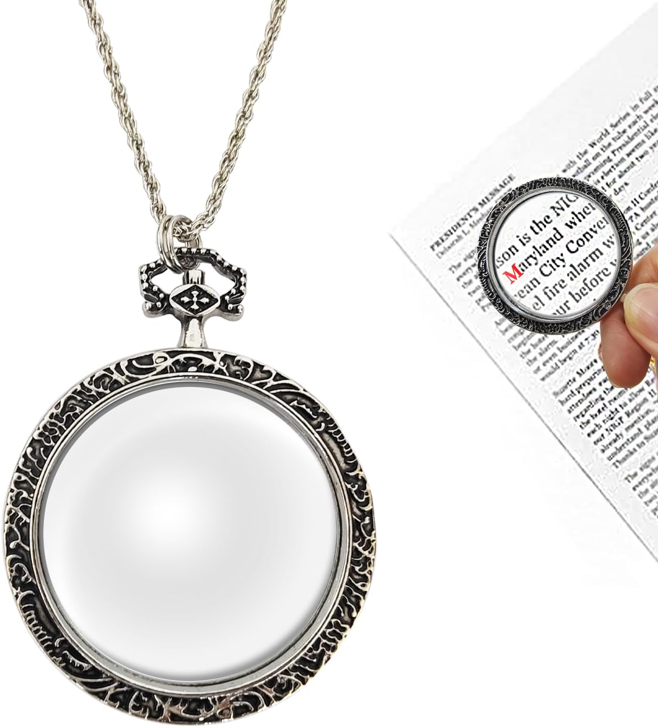 YYHSND 10X Magnifying Glass Necklace Magnifier Necklace Pendant Optical Magnifier with Chain Necklace for Library, Reading, Zooming and Jewelry (Color : Silver)