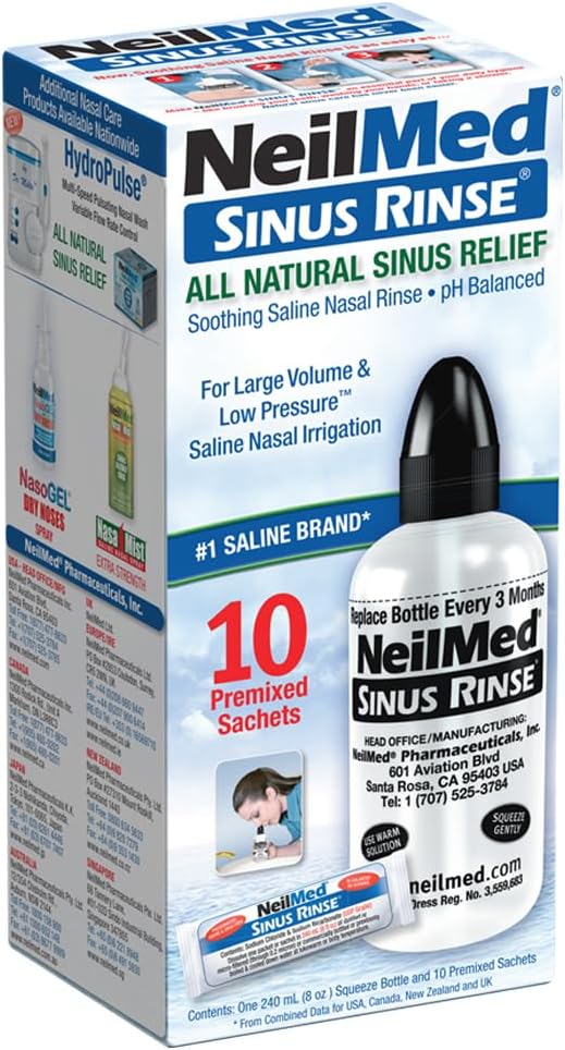 NeilMed Sinus Rinse Starter Kit with 5 Premixed Saline Packets - Large Volume Low Pressure Saline Nasal Irrigation & moisturizing Complete System