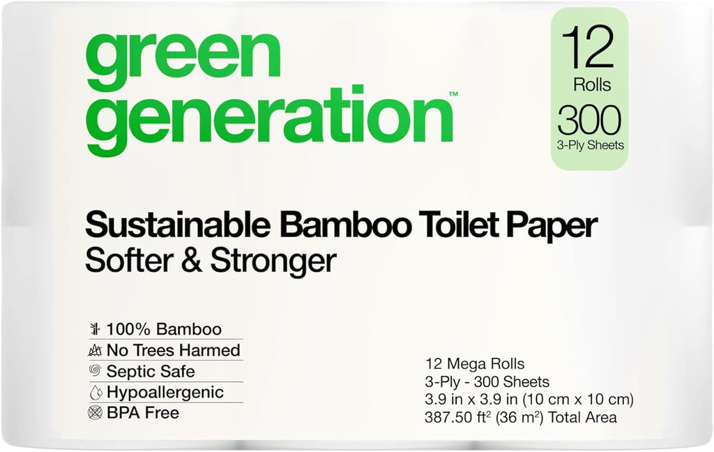 Green Generation Bamboo Toilet Paper -12 Roll, 3-Ply, 300 Sheets/Roll - Non Toxic Toilet Paper Organic Septic Safe - BPA Free Sustainable, Soft, FSC Certified - Home, Boat & RV Use