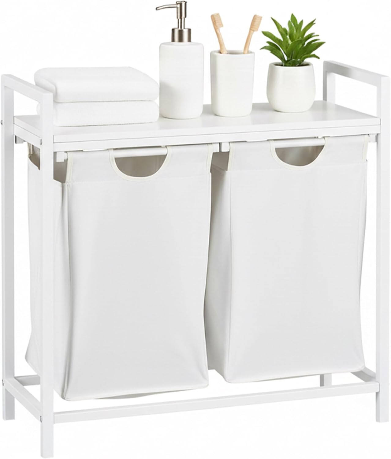 Relaxdays laundry sorter with 2 removable bags, includes shelf, HWD: 72 x 73 x 33 cm, metal basket, white/grey