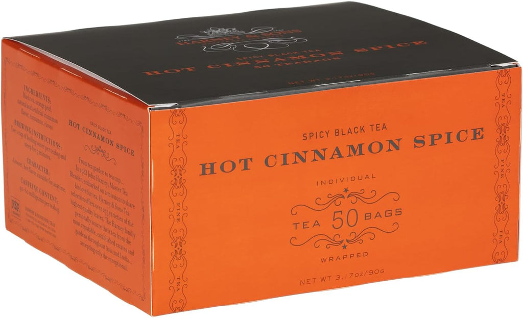 Harney and Sons Hot Cinnamon Spice, a Spicy Black Tea with Cinnamon, Orange Flavors & Sweet Clove - 50 Teabags