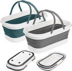 Yesland 2 Pack Collapsible Plastic Bucket with Wheels, 12L (3.17 Gallon) Foldable Rectangular Mop Bucket, Portable Water Pail with Handle for House Cleaning, Car Washing, Fishing, Camping, Gray & Blue