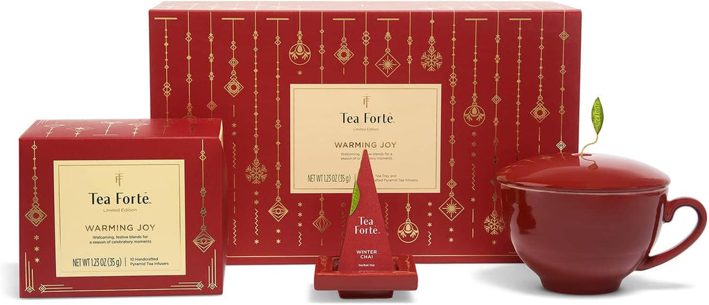 Tea Forte Warming Joy Tea Gift Set, Tea Gift Box with Red Cafe Cup, Tea Tray & Tea Bags Variety Pack with 10 Organic Pyramid Tea Infuser Bags