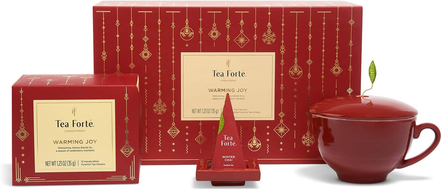 Tea Forte Warming Joy Tea Gift Set, Tea Gift Box with Red Cafe Cup, Tea Tray & Tea Bags Variety Pack with 10 Organic Pyramid Tea Infuser Bags