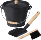 GameXcel Ash Bucket with Lid and Shovel Hand Broom - 1.5 Gallon Galvanized Iron Metal Fireplace Tools Ash Pail for Fire Places Fire Pits Wood Burning Stoves Hearth Accessories Indoor Outdoor, Black