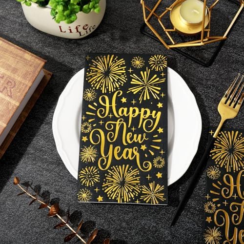 Whaline 80Pcs Happy New year Guest Paper Napkin Black Gold Foil Firework Disposable Guest Hand Towel Christmas Bathroom Napkin for Party Table Decor