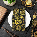Whaline 80Pcs Happy New year Guest Paper Napkin Black Gold Foil Firework Disposable Guest Hand Towel Christmas Bathroom Napkin for Party Table Decor