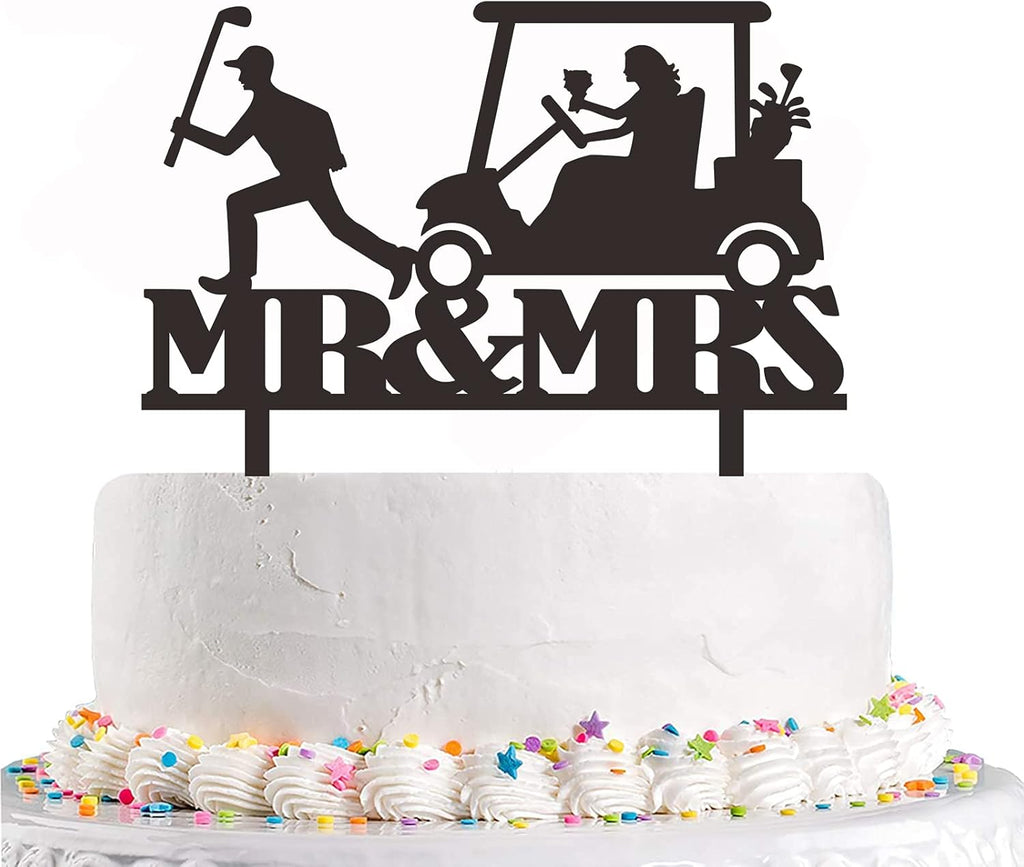 Golf Wedding Cake Topper, Funny Golf Theme Wedding Cake Topper - Groom Run Ahead and Bride Rides Golf Cart Chased
