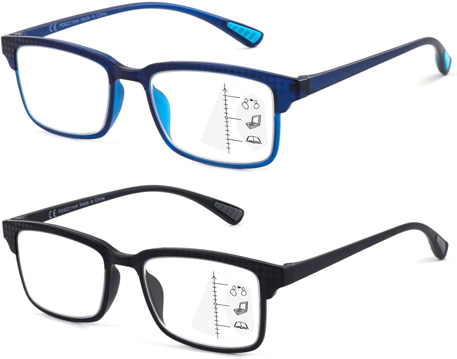 CARA 2 Pack Progressive Multifocus Reading Glasses, Flexible Lightweight TR90 Frame Blue Light Blocking Computer Readers, Workspace for Near Range (C1, 2.50)
