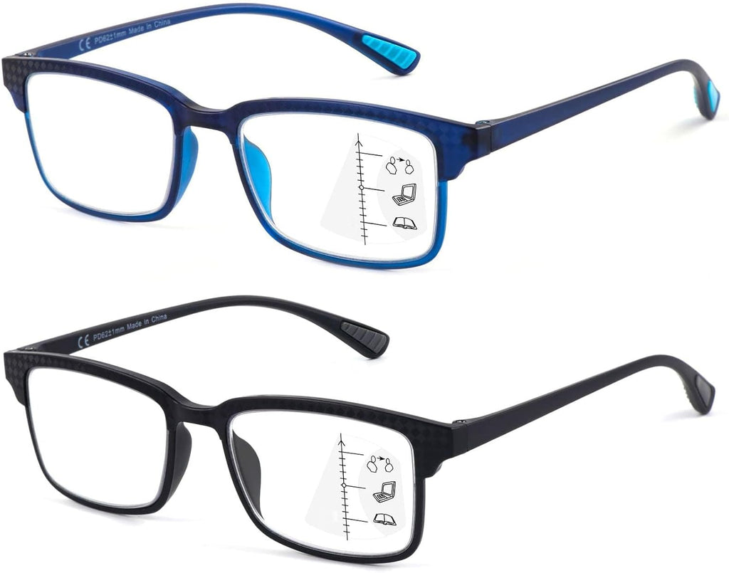 CARA 2 Pack Progressive Multifocus Reading Glasses, Flexible Lightweight TR90 Frame Blue Light Blocking Computer Readers, Workspace for Near Range (C1, 2.00)