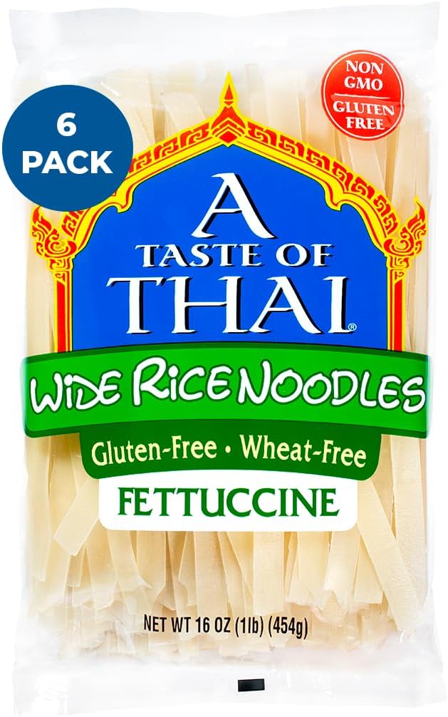 A Taste of Thai Fettuccine Rice Noodles (Straight Cut)| Restaurant-Quality Thai Flavor in Minutes | Vegan, Gluten-Free,Wheat Free, Non-GMO| Perfect for Stir-Fries, Soup & Asian Dishes 16 oz, Pack of 6