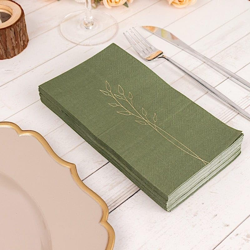 50 Olive Green Soft 2 Ply Disposable Dinner Paper Napkins Embossed Gold Leaves Wedding Party Events Reception Catering Buffet Dining Decorations Supplies