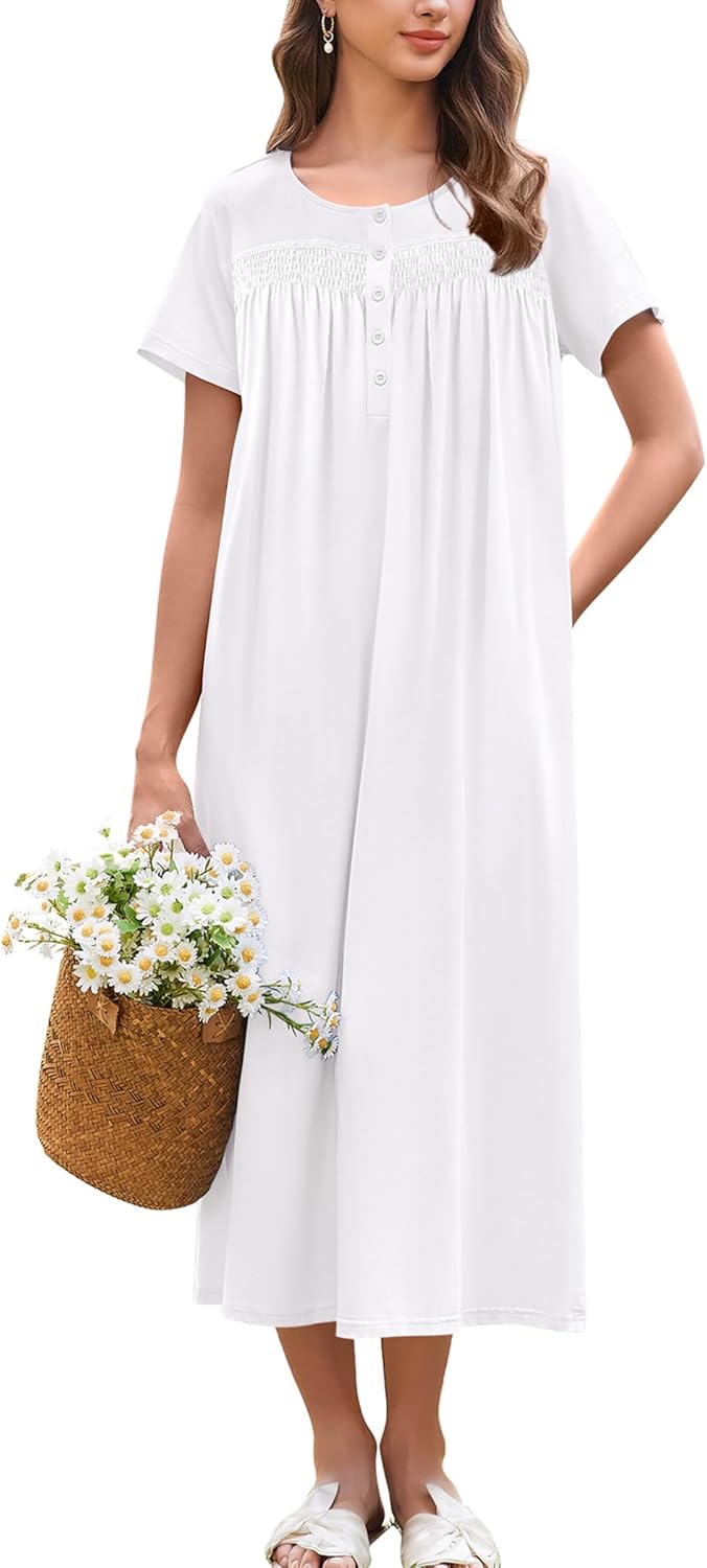 Ekouaer Cotton Nightgowns for Women Long Night Gown Short Sleeve Sleepdress Victorian Sleepwear Nightdress with Pockets