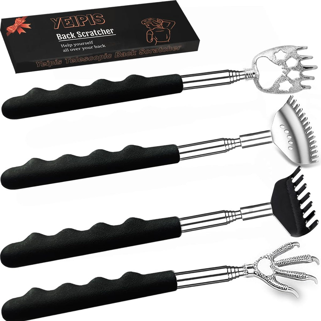 4Pcs Different Back Scratcher Extendable Back Massager Tool with Rubber Handles, Metal Portable Telescoping Back Scratcher, Stocking Stuffers for Men Women Christmas Gift (Black)