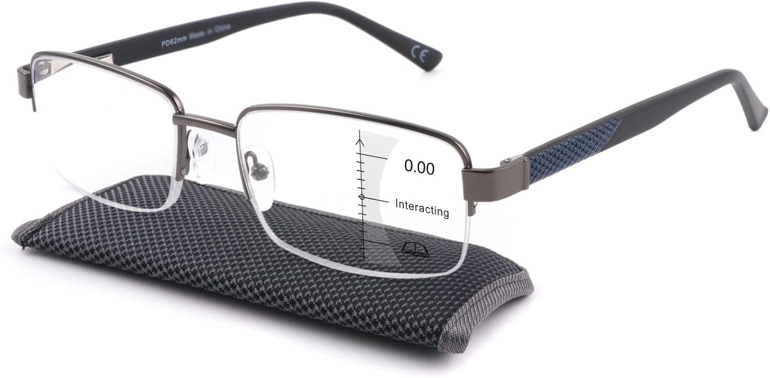 Missfive Mens Premium Multifocus Reading Glasses 0 Power on Top Center, Blue Light Blocking Far/Mid/Near Progressive Multifocal Readers Metal Frame With No Broken Spring Hinge, 1.5 D