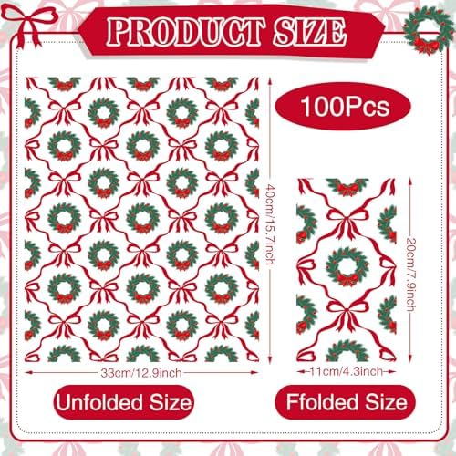 Potchen 100 Pcs Christmas Guest Paper Napkins Disposable Bathroom Hand Towels 3 Ply Bow Dinner Napkins for Xmas Bathroom Kitchen Decoupage Birthday Holiday Party Supplies(Christmas Wreaths and Bows)