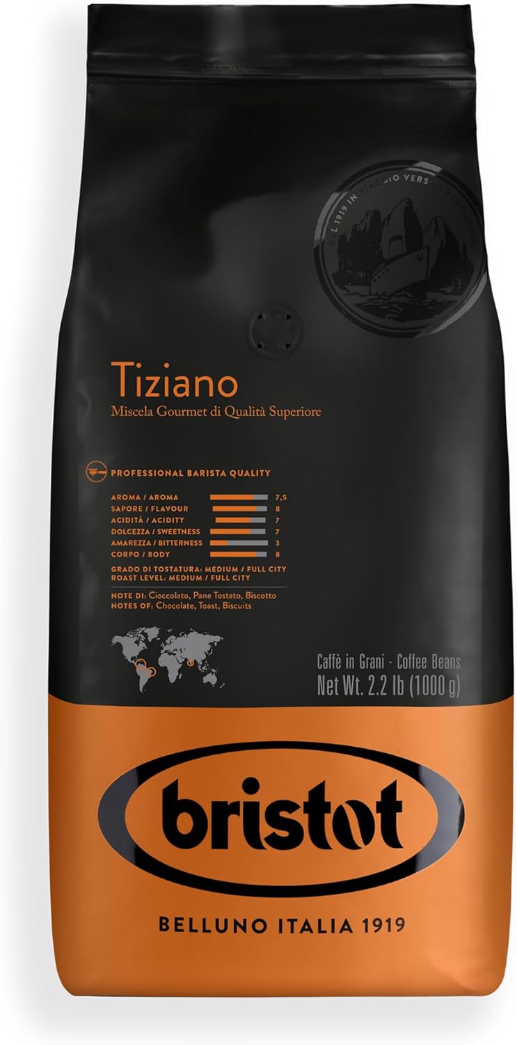 Bristot Tiziano Coffee Beans – Medium Roast Premium Italian Whole Espresso Beans – 2.2 lb (1kg) Bag