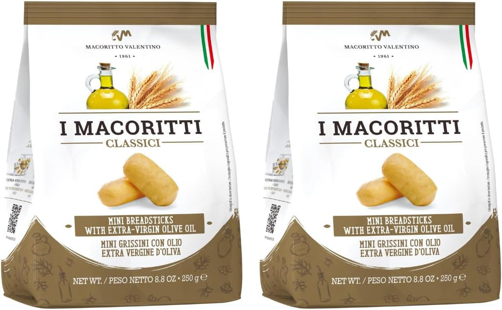 I Macoritti Classici Mini Breadsticks with Extra Virgin Olive Oil, Made in Italy, Zero Sugar, No Artificial Flavors, Non-GMO, Preserve Free- 8.8 oz, Pack of 2