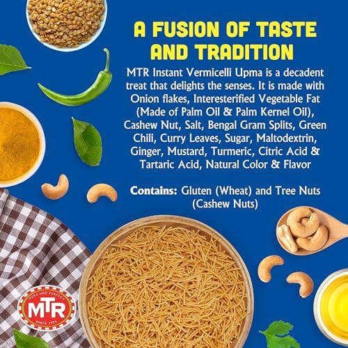 MTR 3minute Seviyan Vermicelli Upma - Ready-to-Cook Mix - Authentic Indian Food in Just 3 Minutes - 100% Vegetarian - No Added Preservatives - Just Add Hot Water - Quick & Easy (Seviyan Vermicelli Upma - 160g, Pack of 6)