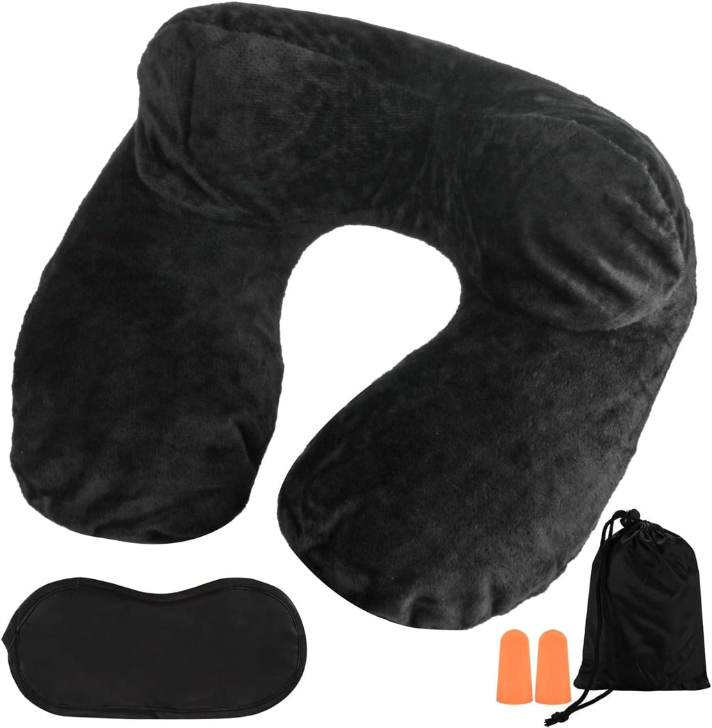 Air-Filled Travel Pillows for Sleeping Airplane Neck Support for Traveling Pillow Inflatable Travel Neck Pillows for Air-Filled Neck Pillow Airplane, with Eye Masks, Earplugs (Black, Adult)