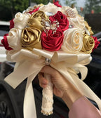 Sharebeauty 7.1" Handmade Satin Rose Bridal Bouquet Toss Round Wedding Bouquet Throw Toss Artificial Flower Bunch Dark Red + Pale Gold + Cream