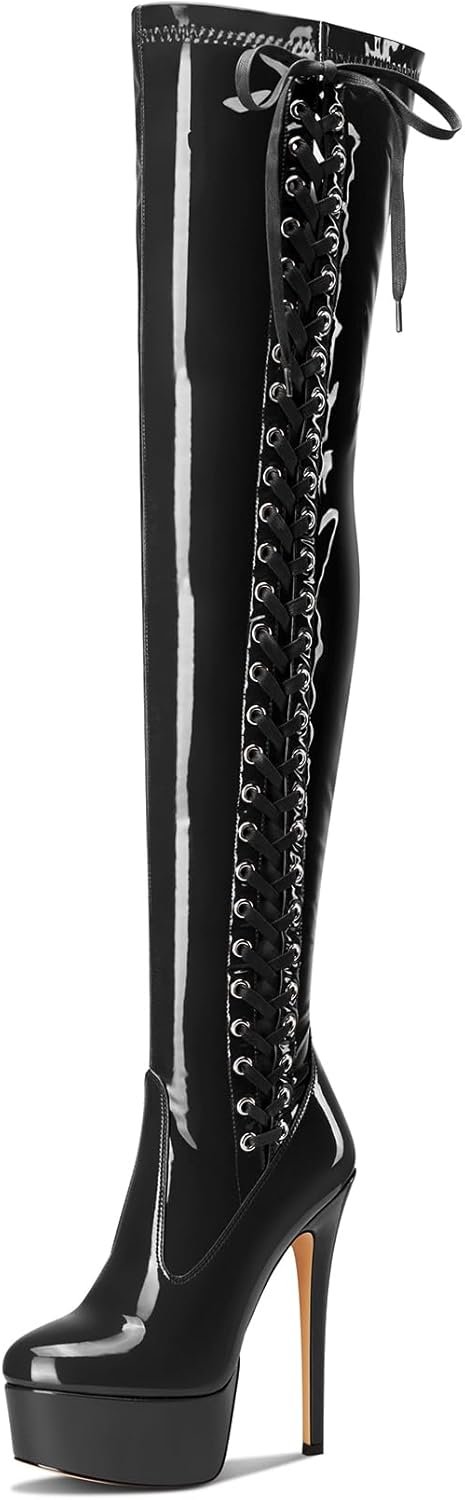 Aachcol Womens Over The Knee Platform Stiletto Lace-up Boots Patent Leather Thigh High Zipper High Heel Party Dress Boots 5.9 Inches Heels