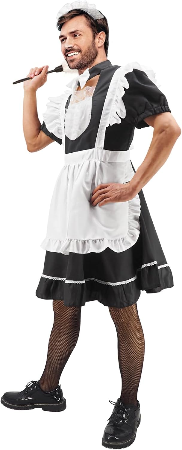 Men's Maid Cosplay Costume Dress Suit, Big Hemline Flared Outfit, Funny Stage Performance Cosplay Set
