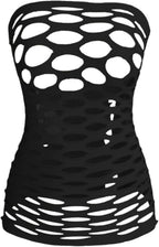 OYOANGLE Womens Strapless Fishnet Lingerie Sleepwear Mesh See Through Babydoll Mini Dress Tube Chemise Bodysuit