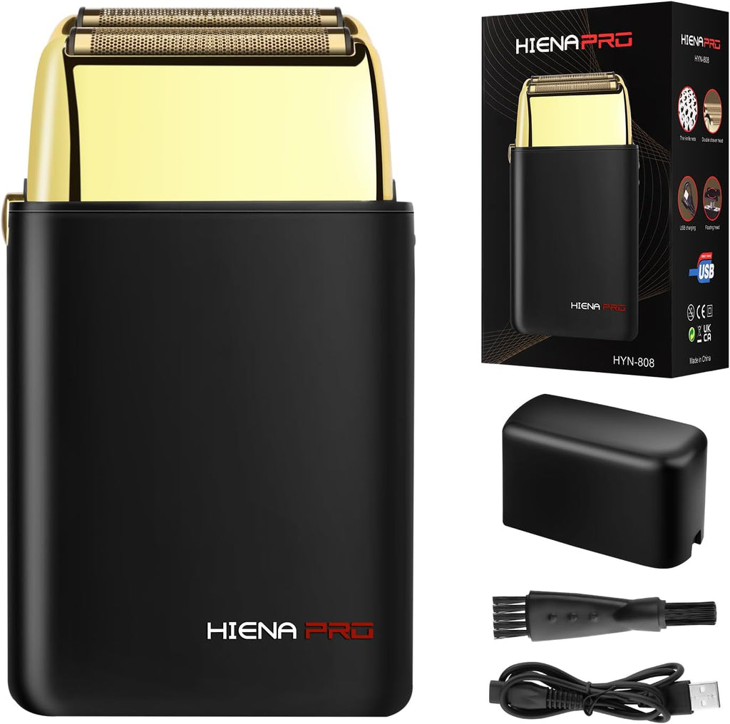 HIENA PRO Foil Shaver for Men Barber, Double Electric Foil Trimmer, Professional Electric Razor, Close Shaver, Cordless Rechargeable with USB, Black Gold