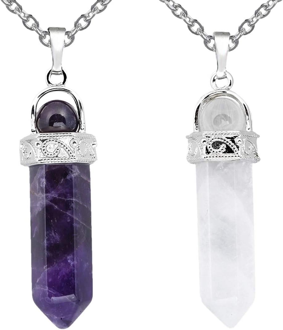 TUMBEELLUWA 2 PCS Healing Crystal Point Pendant Necklaces for Unisex Hexagonal Prism Stone Pendants with Chain