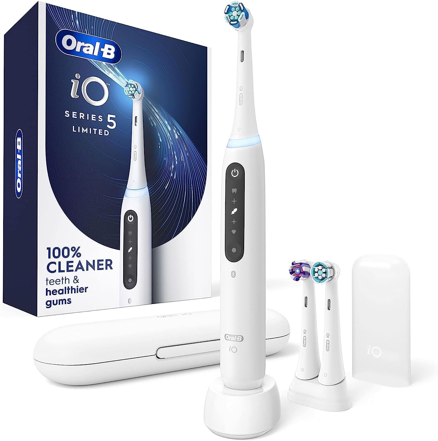 Oral-B Rechargeable Electric Toothbrush, iO5 Limited Deep Clean & Whiten, 5 Cleaning Modes, Visual Pressure Sensor to Protect Gums, Travel Case, 3 Brush Heads, White