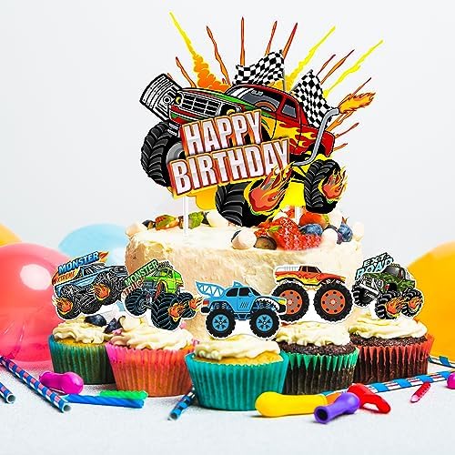Truck Cake Topper, 49pcs Monster Car Theme Birthday Party Supplies, Red, Green, Blue Cake Decorations for Kids Birthday, Baby Shower Party Decorations