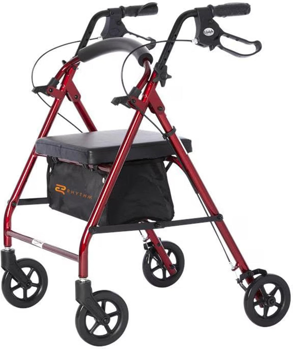 Rhythm Healthcare Royal Aluminum 4 Wheel Rollator, Lightweight Folding Walker with Padded Seat, Tote Bag, and Locking Loop Brakes, Red