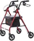 Rhythm Healthcare Royal Aluminum 4 Wheel Rollator, Lightweight Folding Walker with Padded Seat, Tote Bag, and Locking Loop Brakes, Red