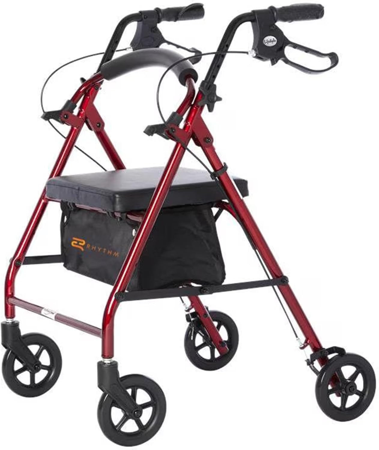 Rhythm Healthcare Royal Aluminum 4 Wheel Rollator, Lightweight Folding Walker with Padded Seat, Tote Bag, and Locking Loop Brakes, Red
