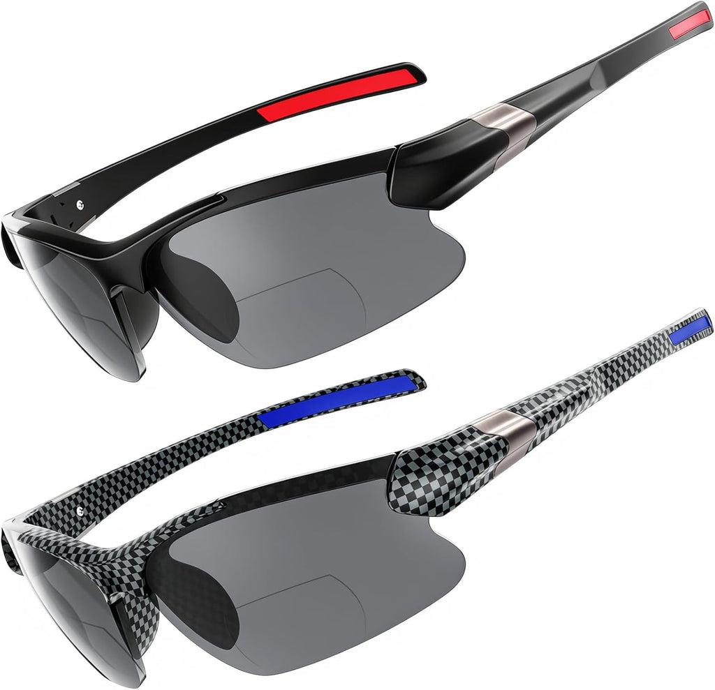 DEHOTRE 2 Pack Bifocal Reading Sunglasses Men TR90 Frame Wrap Around Sports Semi Rimless Sun Readers for Driving Golf Fishing