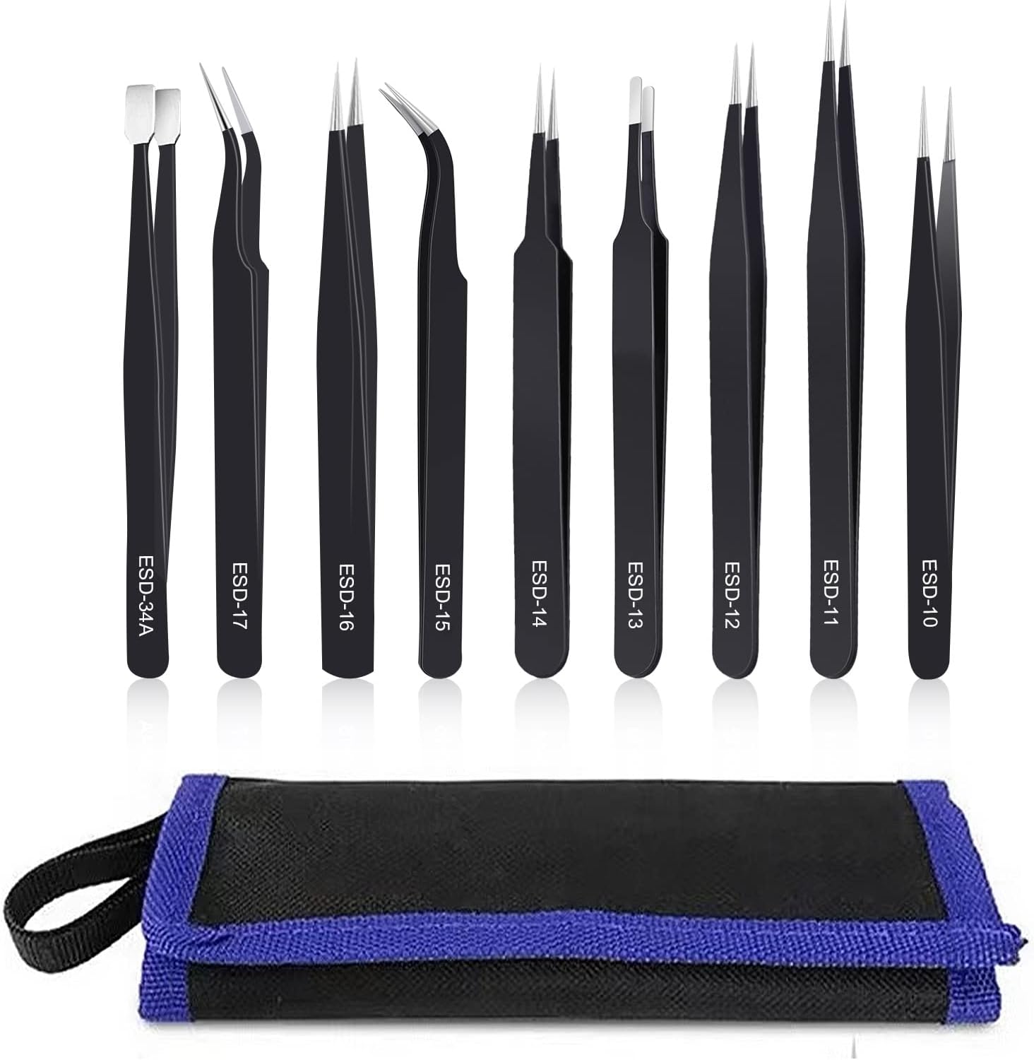 kaverme 9PCS Precision Tweezers Set, Upgraded Anti-Static Stainless Steel of Tweezers, for Electronics, Soldering, Laboratory Work, Jewelry-Making, Model, Craft