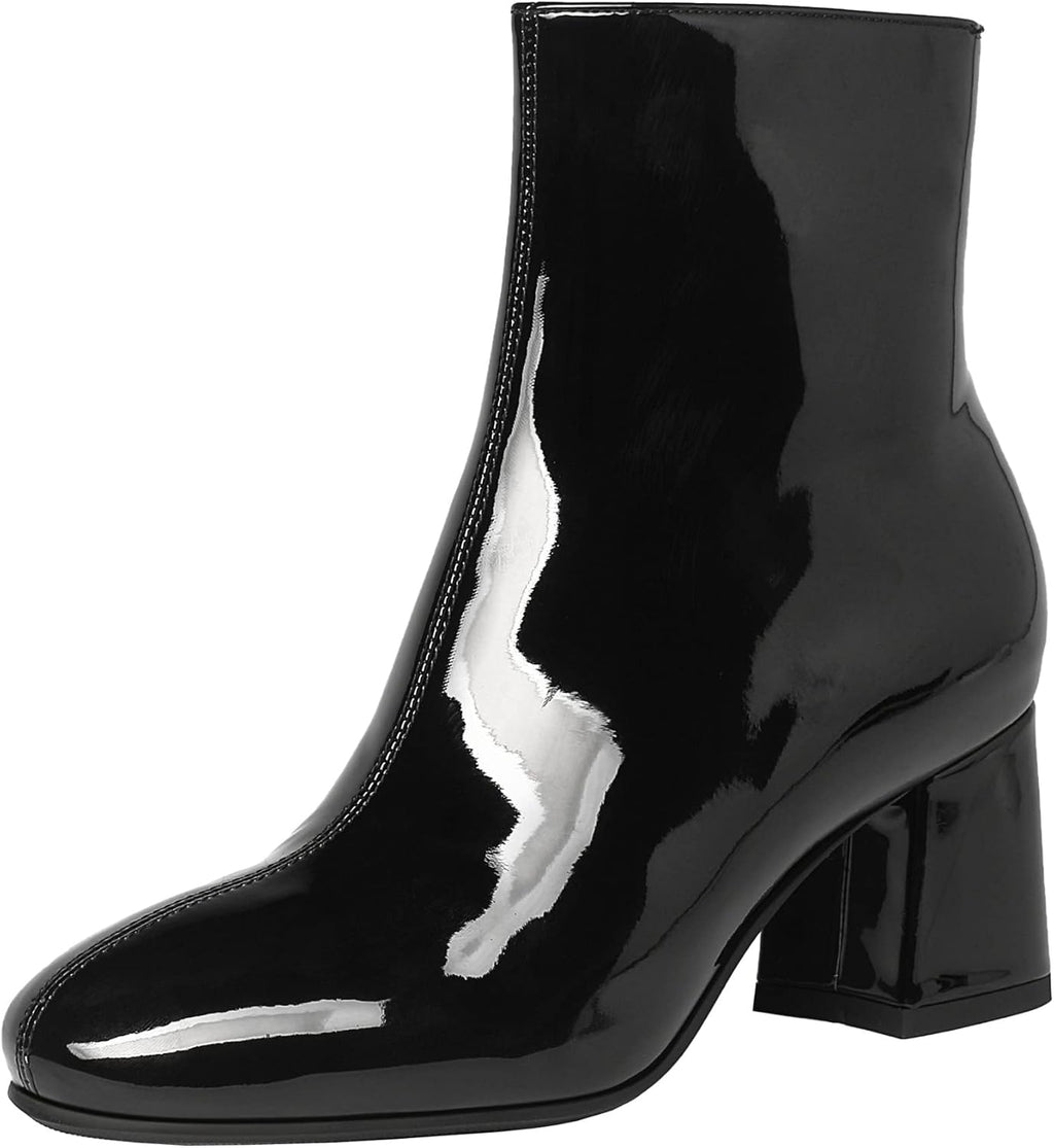 Elbslutt Women's Chunky Heeled Booties Patent Leather Square Toe Ankle Boots Zip Up Block Heel Wide Calf Short Boots