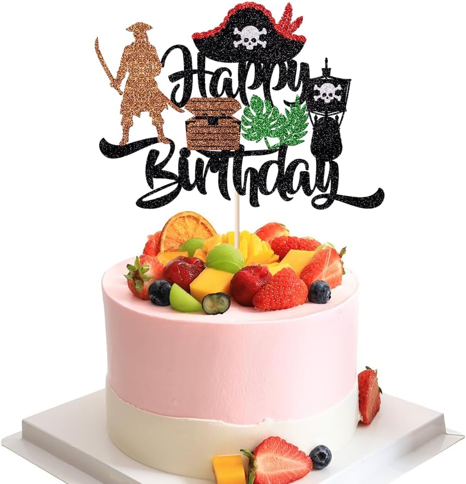 Pirate Happy Birthday glitter Cake Topper,Pirate Themed Kids Birthday Party Decorations,Boys girls Happy birthday cake Topper