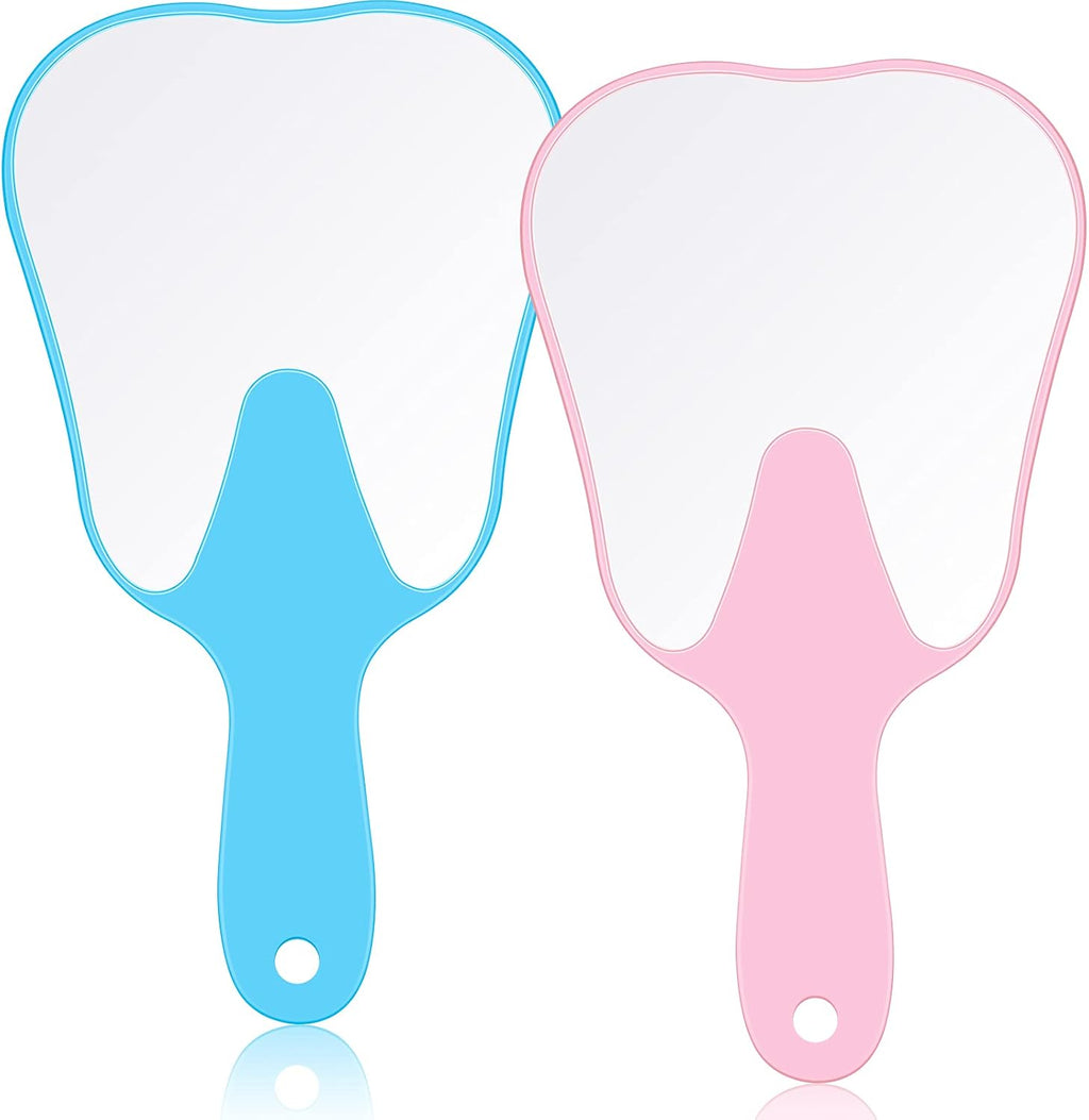 Jetec 2 Pieces Tooth Shaped Handheld Mirror Cute Makeup Mirror Hand Held Plastic Dental Mirrors with Handle Cosmetic Hand Mirror Back to School for Women Men Gifts(Pink, Blue)