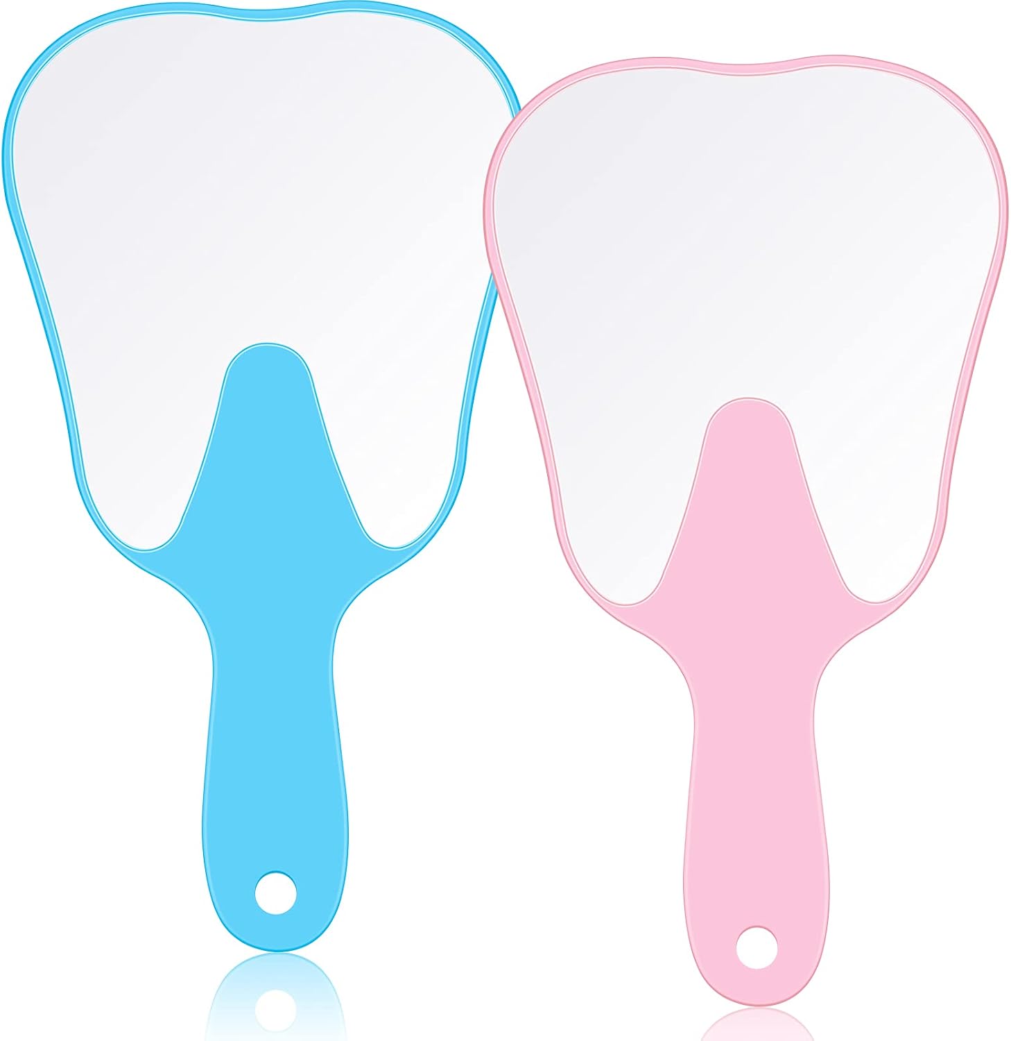 Jetec 2 Pieces Tooth Shaped Handheld Mirror Cute Makeup Mirror Hand Held Plastic Dental Mirrors with Handle Cosmetic Hand Mirror Back to School for Women Men Gifts(Pink, Blue)