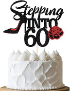 Stepping Into 60 Cake Topper,Still Fabulous at 60 Cake Decor,Funny Happy 60th Birthday Party Supplies,Highheel Rose Sign Cheers to 60 Years Black Red Glitter Cake Decorations