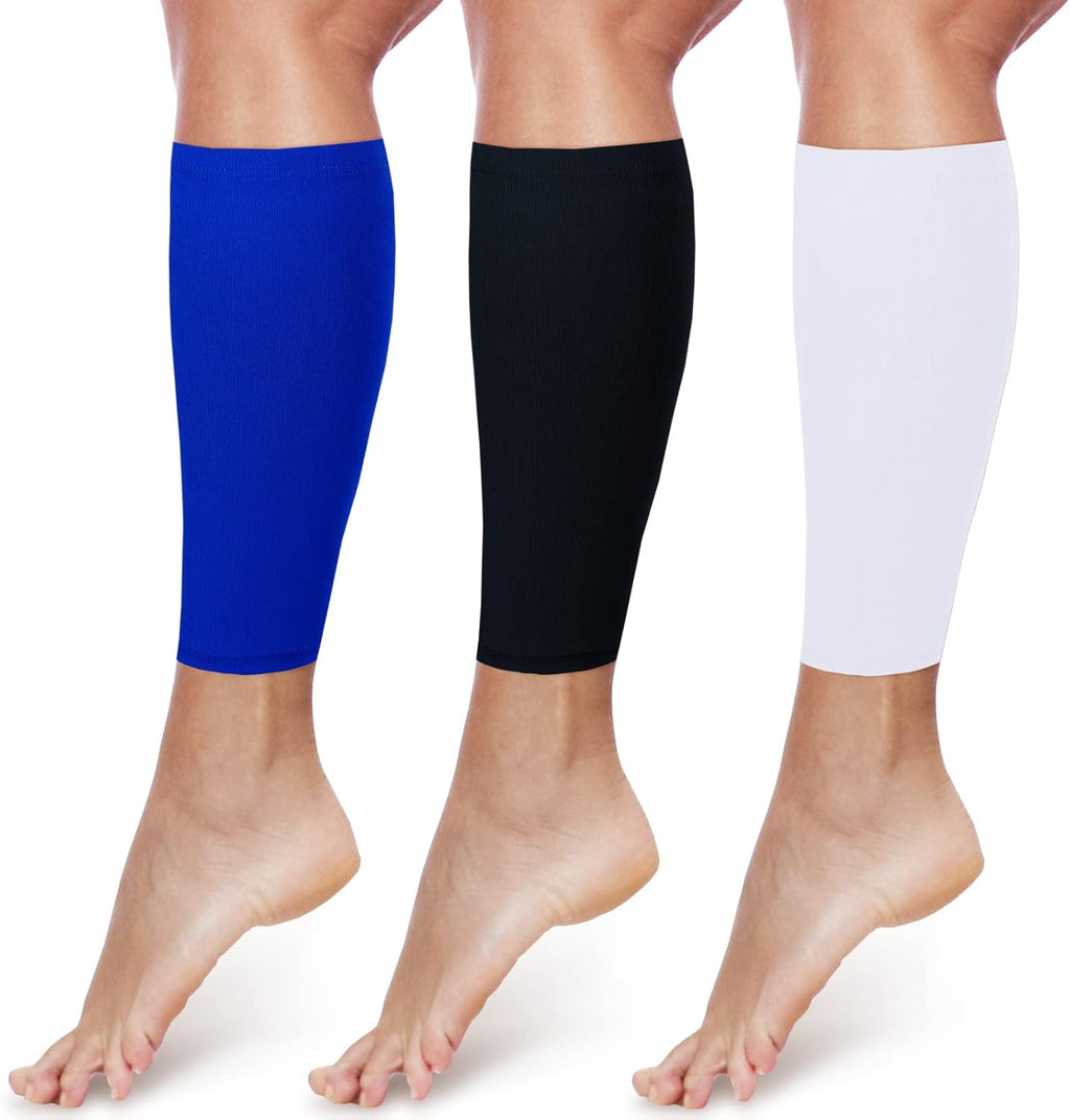 3 Pairs Calf Compression Sleeves for Men And Women Football Leg Sleeve Footless Compression Sock for Running Athlete Cycling (Black, White, Blue, Medium)