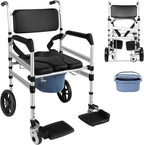 TooCust Rolling Shower Wheelchair with Commode, 350lbs Heavy Duty Transport Chair, 10-Inch Solid Rear Wheels, Water-Resistant Padded Seat, 4-in-1 Bariatric Bathroom Safety Aid for Seniors