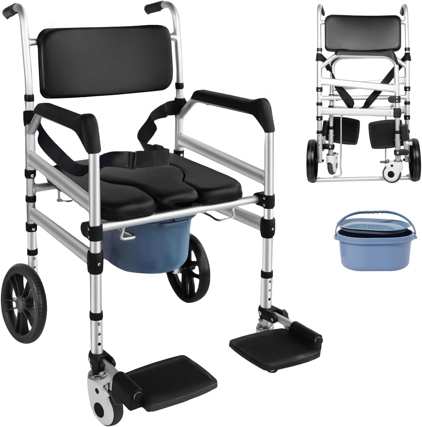 TooCust Rolling Shower Wheelchair with Commode, 350lbs Heavy Duty Transport Chair, 10-Inch Solid Rear Wheels, Water-Resistant Padded Seat, 4-in-1 Bariatric Bathroom Safety Aid for Seniors