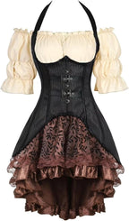 Jutrisujo Underbust Corset Long Top Khaki Blouse Dress 3 Set Outfits for Women Renaissance Pirate Gothic Halloween