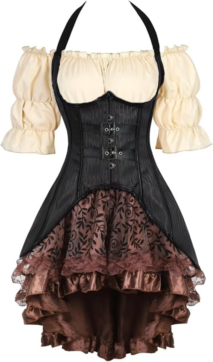 Jutrisujo Underbust Corset Long Top Khaki Blouse Dress 3 Set Outfits for Women Renaissance Pirate Gothic Halloween
